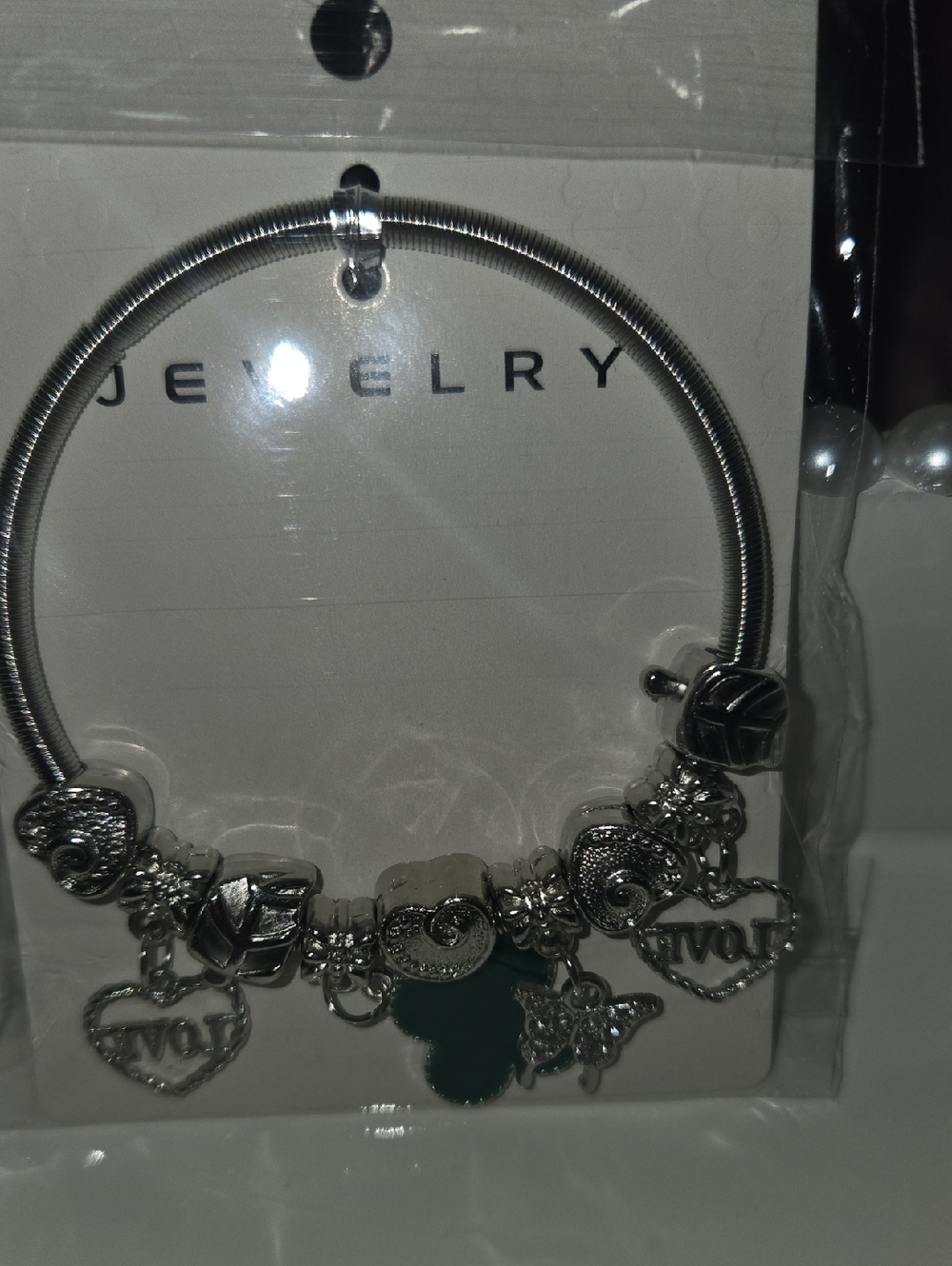 Silver-Tone Charm Bracelet with Heart & Clover Charms Green Clover